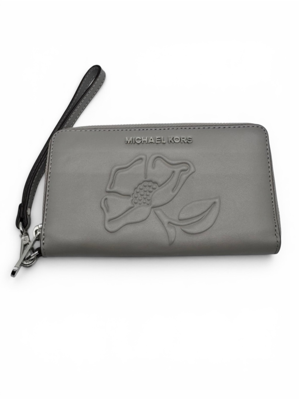 MICHAEL Michael Kors Nouveau Gray Floral Embossed Wristlet Wallet Phone Slot